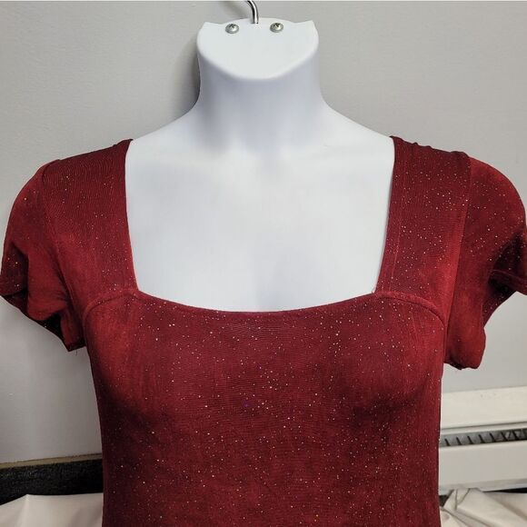 VINTAGE 90s red sparkle All That Jazz square neck stretch swing dress M‎ - Picture 6 of 10